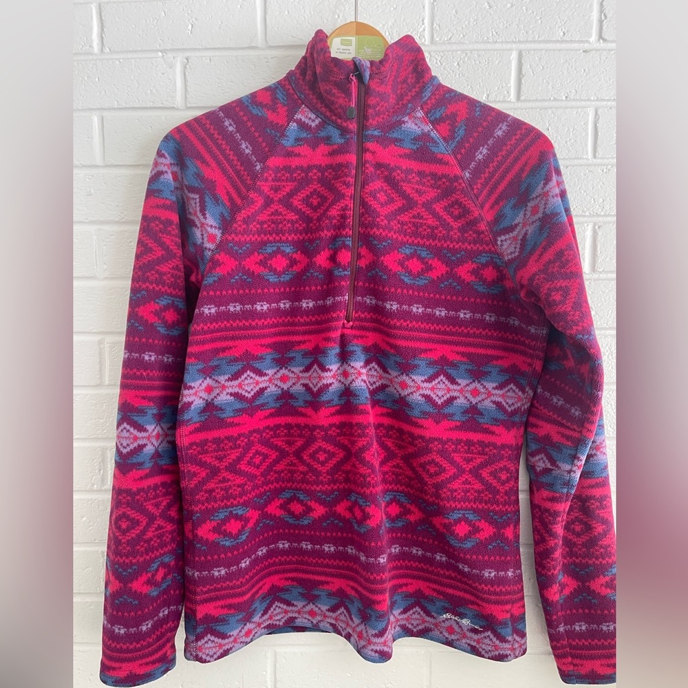 Eddie Bauer polartec fleece 1/4 zip in vivid jewel tone Aztec pattern. Med Tall